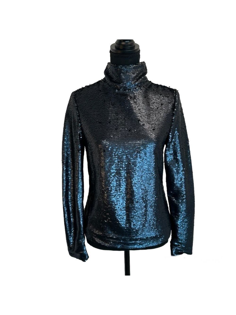 SIMONS Icone Matte blue Sequin high neck long sleeve top Sz S